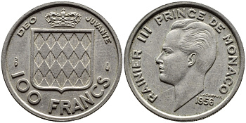 Монако 100 франков 1956 Ренье III (1949-2005) KM 134 медно-никель 4364-1543