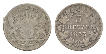 Баден 3 крейцера 1853 Леопольд (1830-1852) KM 211 серебро 4604-954
