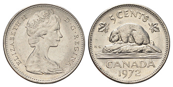 Канада 5 центов 1972 Елизавета II (1952-2022), бобр KM 60.1 никель 4689-363