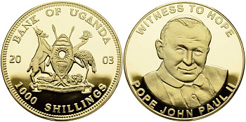Уганда 1000 шиллингов 2003 папа Иоанн Павел II, "witness to hope", свидетель надежды, серебрение KM 240 латунь  PROOF  01-165-34