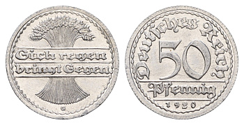 Германия 50 пфеннигов 1920 G KM 27, J. 301 алюминий aUNC 3856-712