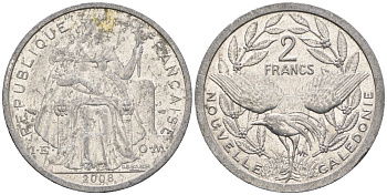 Французская Новая Каледония 2 франка 2008 птица кагу, (IEOM) KM 14, Schoen 11 алюминий    27-115