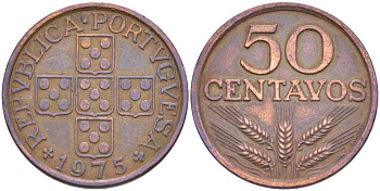 ПОРТУГАЛИЯ 50 СЕНТАВО 1975 KM 596 бронза 213-234