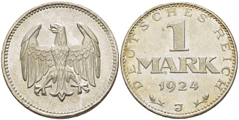 Германия 1 марка 1924 J KM 42, J. 311, Weege 14 серебро UNC 00-805-56