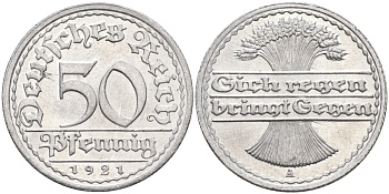 Германия 50 пфеннигов 1921 A KM 27, J.301, Weege 10 алюминий UNC 4584-816