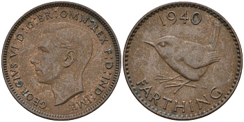 Великобритания 1 фартинг 1940 Георг VI (1936-1952) KM 843, Spink 4116 бронза 4596-962
