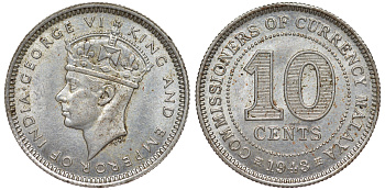 Британская Малайя 10 центов 1943 Георг VI (1937-1952) KM 4a серебро 53-253