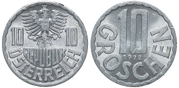 АВСТРИЯ 10 ГРОШЕЙ 1972 KM 2878 алюминий 72-1233