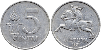 ЛИТВА 5 ЦЕНТОВ 1991 KM 87 алюминий 4393-835
