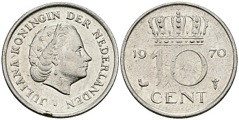 Нидерланды 10 центов 1970 Юлиана (1948-1980) KM 182 никель 96-357