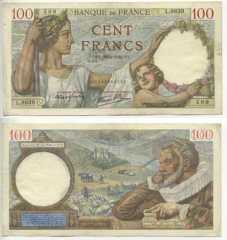 ФРАНЦИЯ 100 ФРАНКОВ 1940 Pick 94 бумага 3295-99-2
