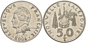 Французская Новая Каледония 50 франков 2004 хижина среди сосен и пальм, (IEOM) KM 13, Schoen 15, Lec 121 никель 4144-542