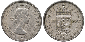 Великобритания 1 шиллинг 1966 Елизавета II (1952-2022), Английский герб KM 904, Spink 4147 медно-никель 4122-1047