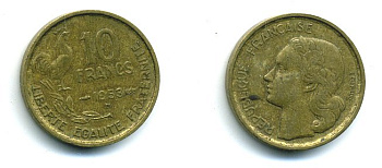 Франция 10 франков 1953 B, петух KM 915.2, Le Franc 363.9 алюминиевая бронза 46-429