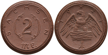 Саксония 2 марки 1921 J. N 56 фарфор 1094-2-84