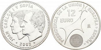 Испания 12 евро 2002 Карлос и София, Председательство Испании в Евросоюзе KM 1049 серебро UNC 1521-1313