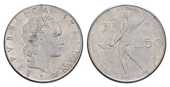 Италия 50 лир 1979 R, бог огня Вулкан у наковальни KM 95.1 нержавеющая сталь 4551-1113