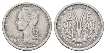 Того 2 франка 1948 год-тип KM 5 алюминий 4127-1832
