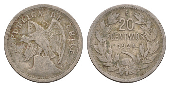 Чили 20 сентаво 1924 KM 167 медно-никель 4655-917
