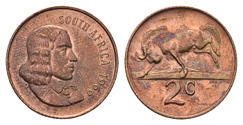 ЮАР 2 цента 1966 Ян ван Рибек (1619-1677), South Africa, легенда на английском, антилопа KM 66.1 бронза UNC 4693-237