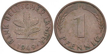 ФРГ 1 ПФЕННИГ 1949 F KM А101, J.376 сталь плакированная медью 112-923