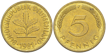 ФРГ 5 ПФЕННИГОВ 1981 F KM 107, J. 382 сталь плакированная латунью 4181-1012