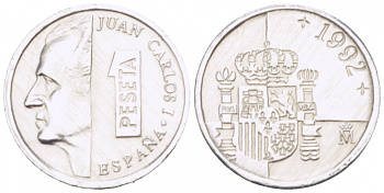 ИСПАНИЯ 1 ПЕСЕТА 1992 ХУАН КАРЛОС I (1975-) KM 832 алюминий 3955-419