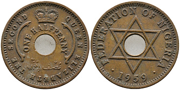 Нигерия 1/2 пенни 1959 Елизавета II (1952-), Британский протекторат KM 1 бронза 4387-338