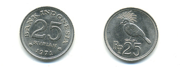 Индонезия 25 рупий 1971 венценосный голубь KM 34 медно-никель 76-852