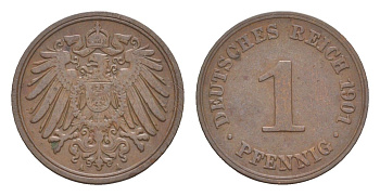 Германия 1 пфенниг 1901 A, Вильгельм II (1888-1918) KM 10, J. 10 медь 4647-834