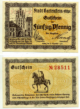 Бартенштейн 50 пфеннигов 1921 31 декабря 1921, нотгельд, земля Восточная Пруссия Grabowski B9.2 бумага 2195-53-2-1