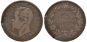 Италия 2 чентезимо 1861 N, Виктор Эммануил II KM 2.2 медь 4164-666
