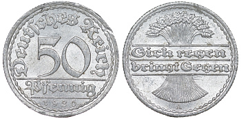 Германия 50 пфеннигов 1920 A KM 27, J. 301 алюминий 4163-341