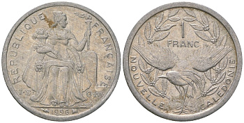 Французская Новая Каледония 1 франк 1996 птица кагу, (IEOM) KM 10, Schoen 10, Lec 52a алюминий 41-635