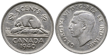 Канада 5 центов 1940 бобр, Георг VI (1937-1952) KM 33 никель 4364-2247