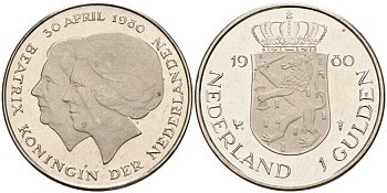 Нидерланды 1 гульден 1980 на коронацию Беатрикс, 30 апреля 1980 KM 200 никель UNC 3334-425