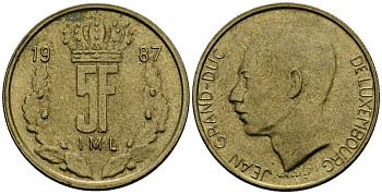 Люксембург 5 франков 1987 Великий герцог Жан (1964-2000) KM 60 алюминиевая бронза 4171-1222