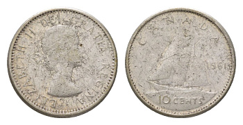 Канада 10 центов 1961 Елизавета II (1952-2022), парусник KM 51 серебро 4623-928
