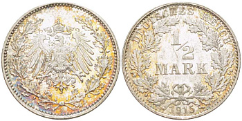 Германия 1/2 марки 1915 Е KM 17, J. 16 серебро UNC 23-1351