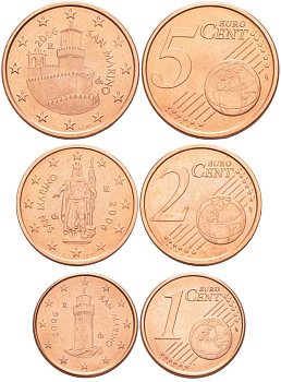 Сан-Марино лот из 3 монет 2006 1,2 и 5 евроцентов сталь плакированная медью UNC N4-69