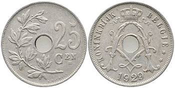 БЕЛЬГИЯ 25 САНТИМОВ 1929 BELGIE KM 69 медно-никель 34-351