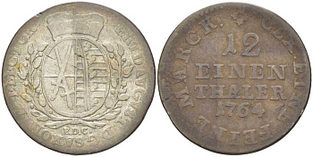 САКСОНИЯ 1/12 ТАЛЕРА 1764 EDC, ФРИДРИХ АВГУСТ III (1763-1806) KM 956 (C100) серебро 210-222