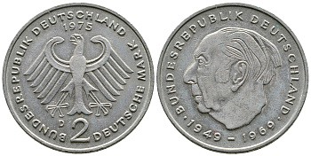 ФРГ 2 МАРКИ 1975 D, ТЕОДОР ХОЙС KM 127, J. 407 медно-никель плакированный никелем 4110-235