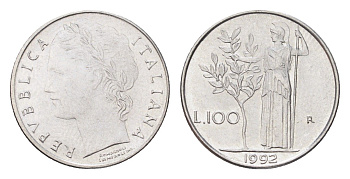 Италия 100 лир 1992 R, Афина в доспехах KM 96.2 нержавеющая сталь 4705-165