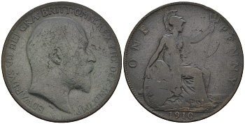 Великобритания 1 пенни 1910 Эдуард VII (1901-1910) KM 794.2, Spink 3990 бронза 4607-1022