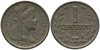Колумбия 1 сентаво 1952 B, устаревшая дата 1952/12 KM 275a, Schon 12a, Hernandez 331, Restrepo 349 сталь плакированная никелем 4576-1213