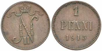 РОССИЯ ДЛЯ ФИНЛЯНДИИ 1 ПЕННИ 1915 НИКОЛАЙ II KM 13, Биткин 475 медь 4396-1464
