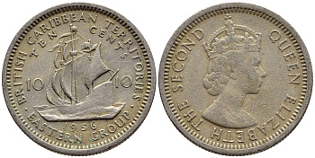 Британские Восточно-Карибские территории 10 центов 1956 Елизавета II (1952-2022), парусник KM 5 медно-никель 4387-519
