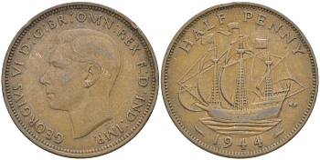 Великобритания 1/2 пенни 1944 Георг VI (1936-1952) KM 844, Spink 4115 бронза 59-844