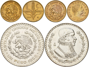 Мексика набор из 3 монет 1958 1 и 5 сентаво, 1 песо KM 417, 426, 459 бронза, латунь, серебро UNC 1518-242